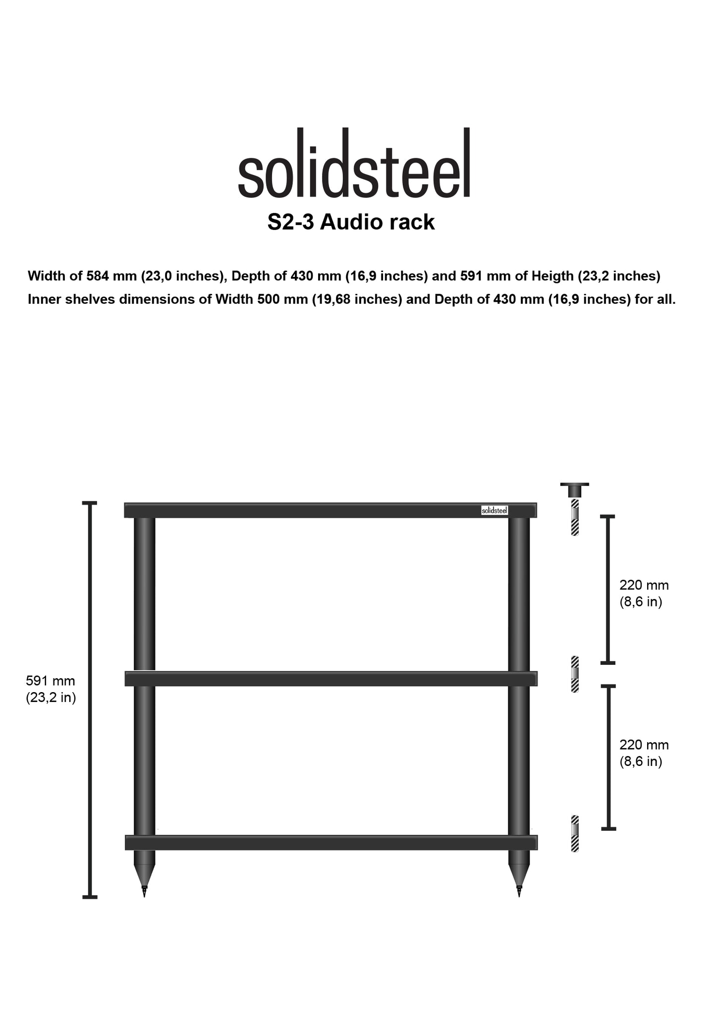 Solidsteel S2-3 tavolino a 3 ripiani in mdf e piedini in alluminio