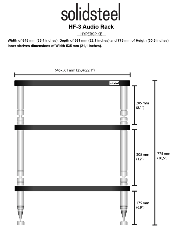 Solidsteel HF-3 nero mobile a 3 ripiani con gambe in acciaio inox