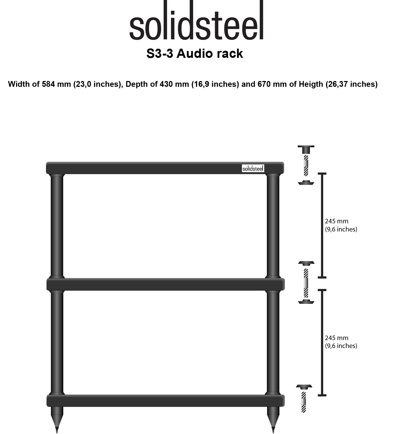 Solidsteel S3-3W Tavolino HiFi 3 ripiani MDF e 4 gambe in alluminio verniciato