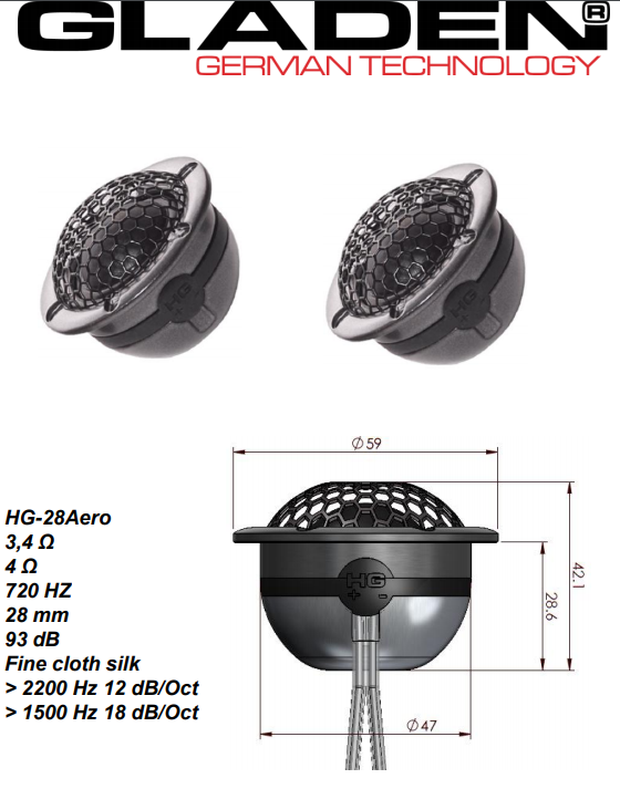 Gladen AEROSPACE 28 coppia tweeter da 28mm a neodimio 4 ohm