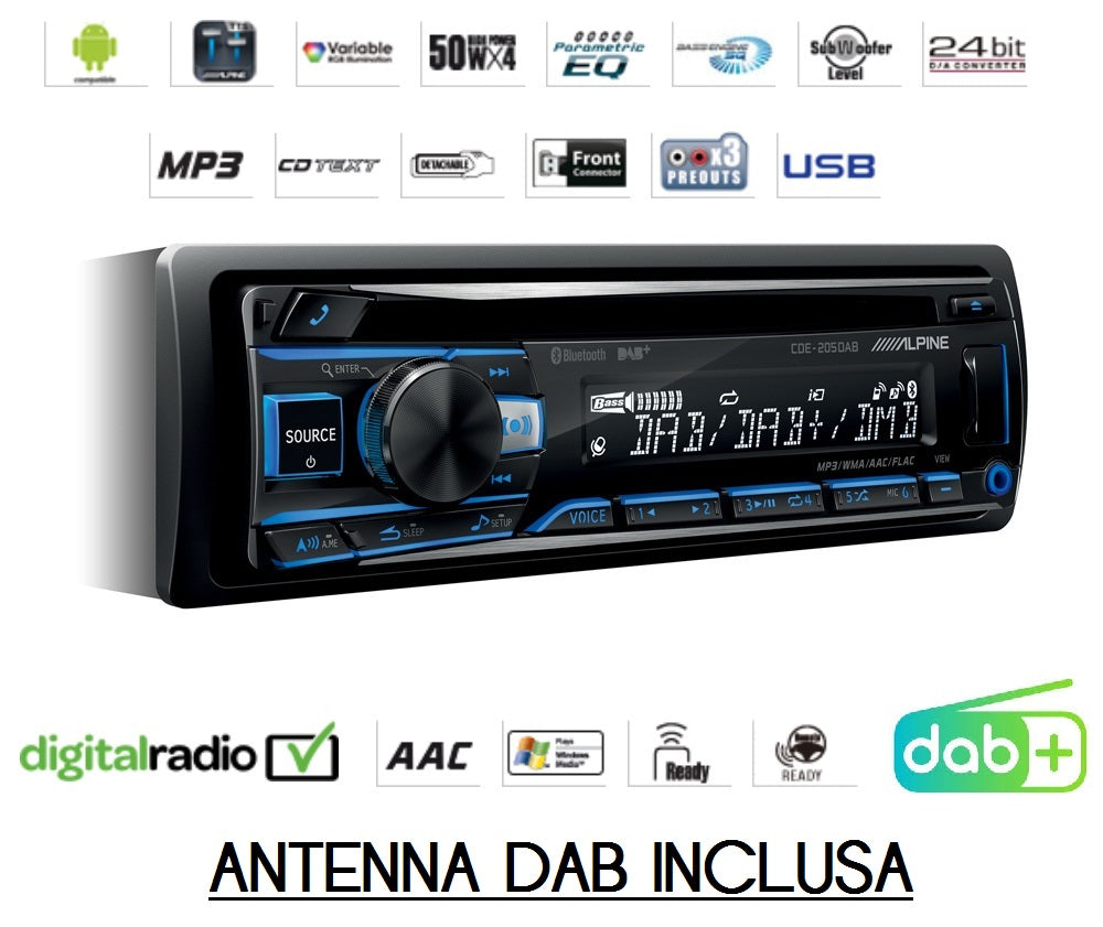 Alpine CDE-205DAB USB AUX FLAC MP3 WMA AAC ,4x50W, Bluetooth Compatibile 3 Pre out NUOVA